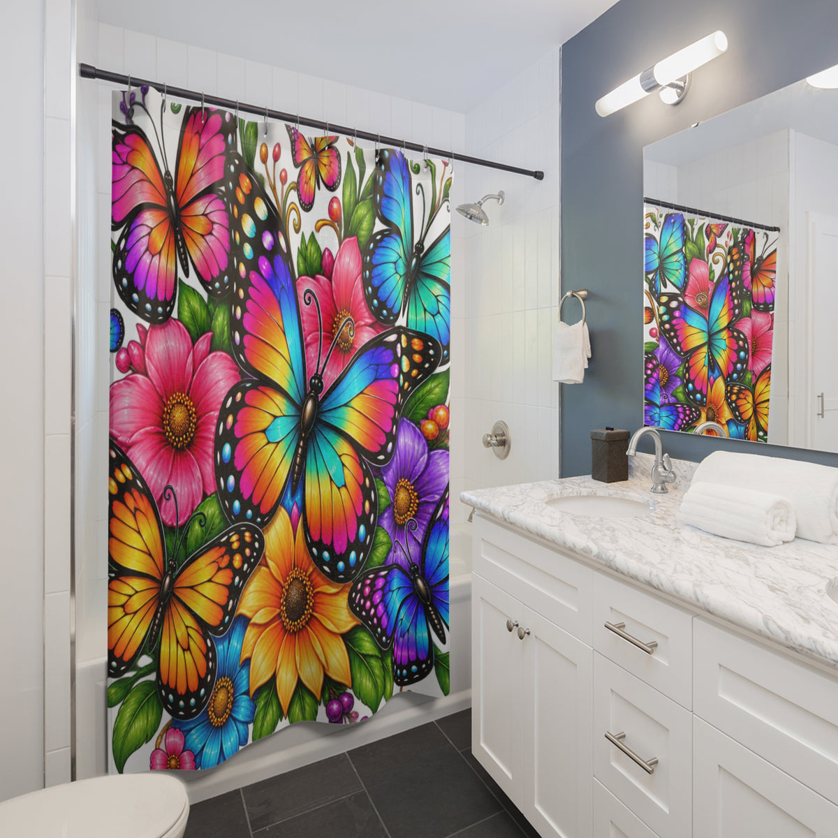 Butterfly Garden Shower Curtain — Vibrant Floral & Rainbow Butterflies Bathroom Decor