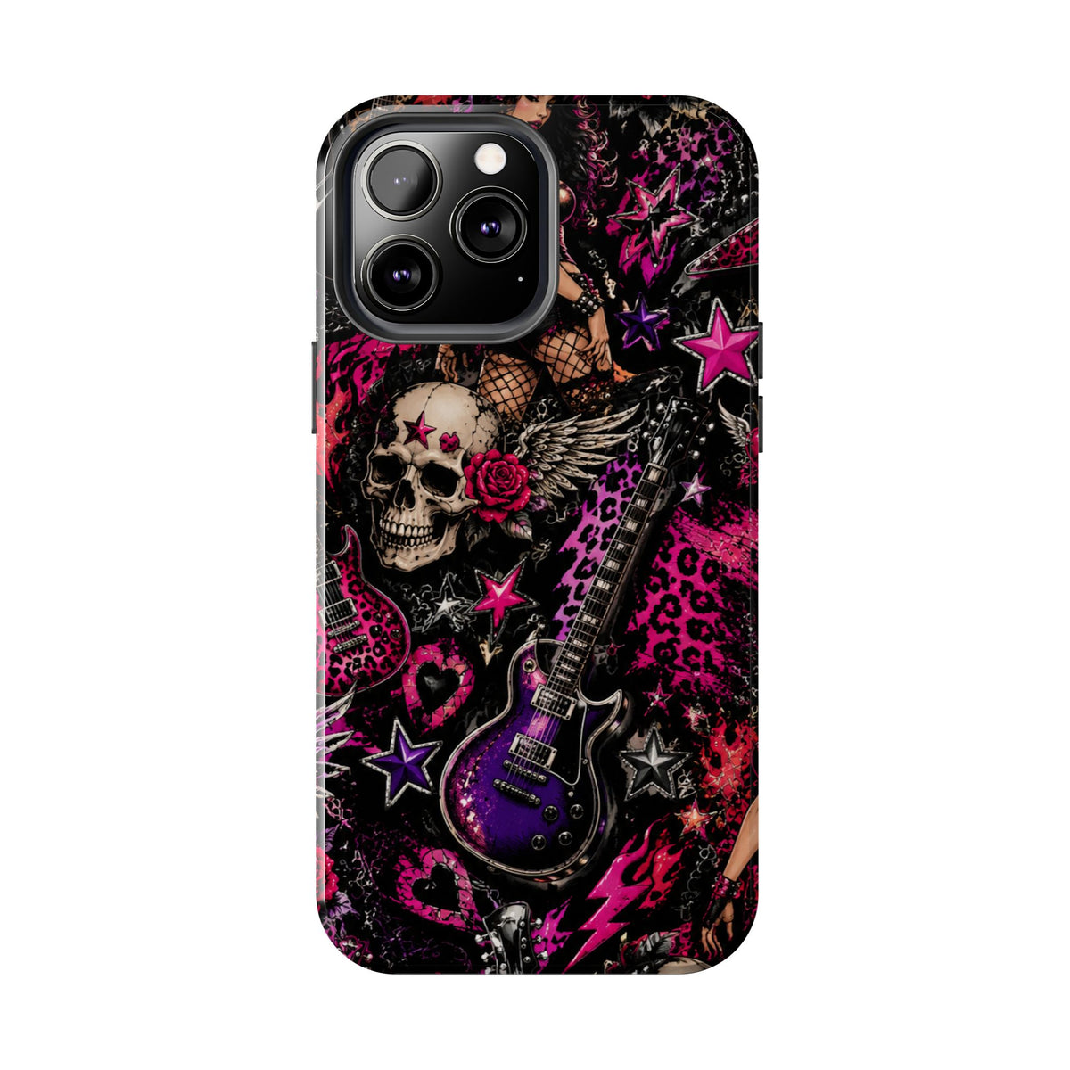 Rock Skull Guitar Phone Case — Edgy Pink Skull & Roses Tough Phone Case