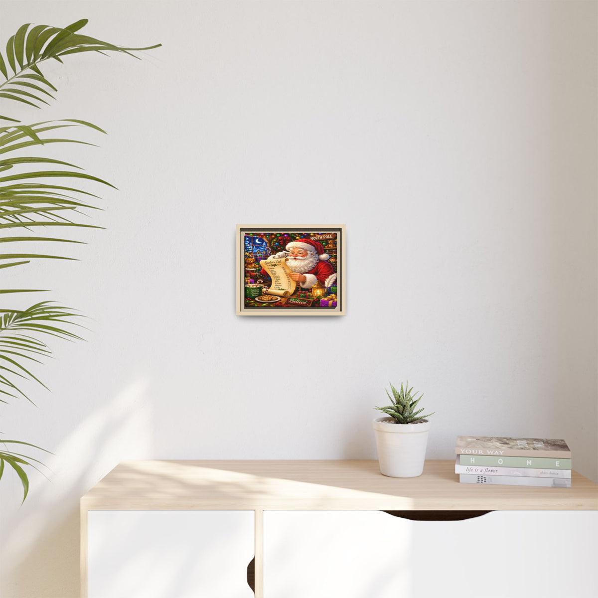 Santa Reading Wish List Matte Framed Canvas — Christmas Holiday Wall Art
