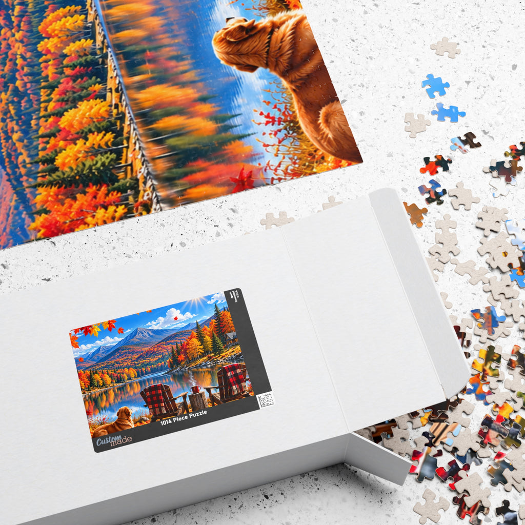 Autumn Lakeview Jigsaw Puzzle — Mountain Cabin Fall Scenery (110–1014 pcs)