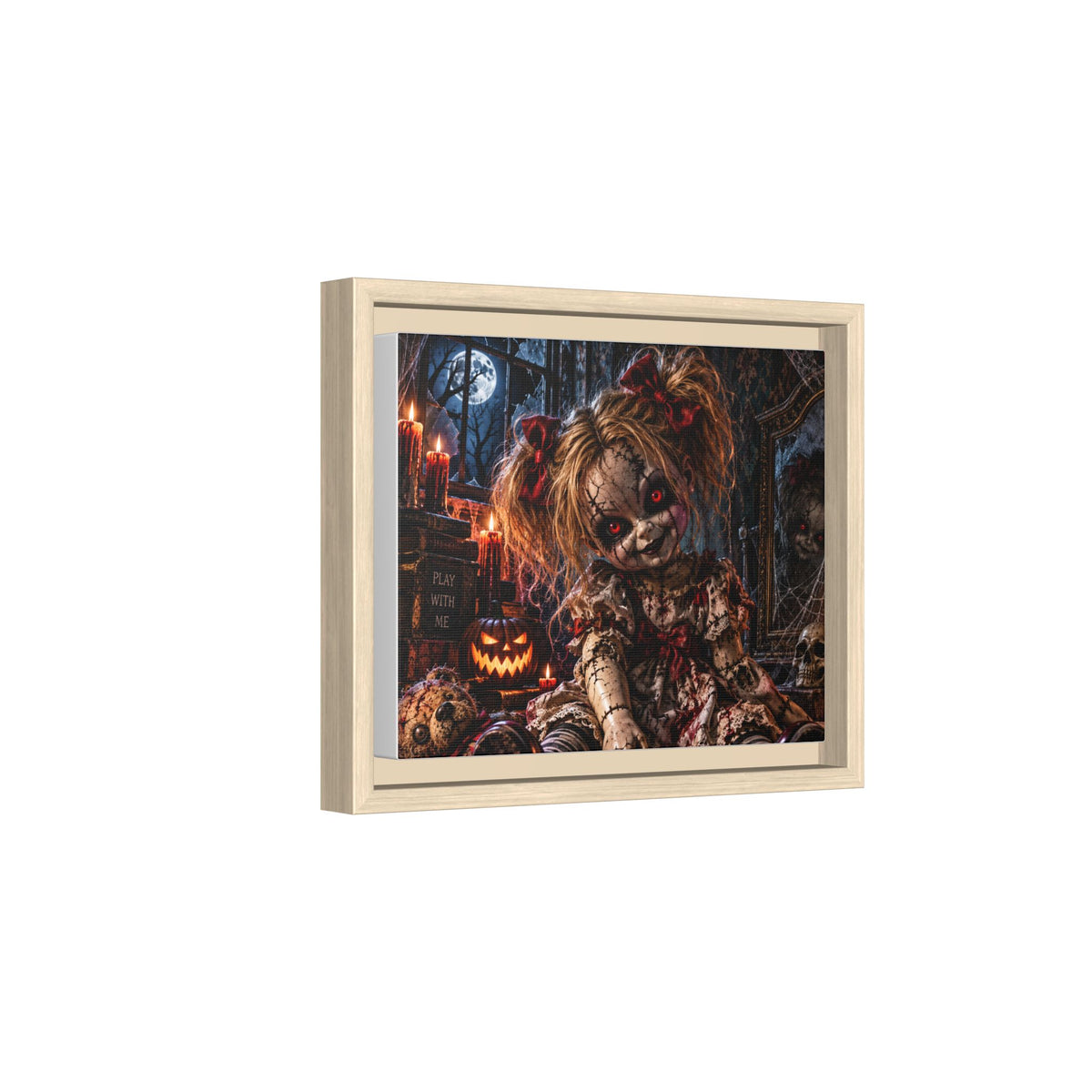 Creepy Halloween Doll Matte Framed Canvas — Spooky Haunted Nursery Wall Art
