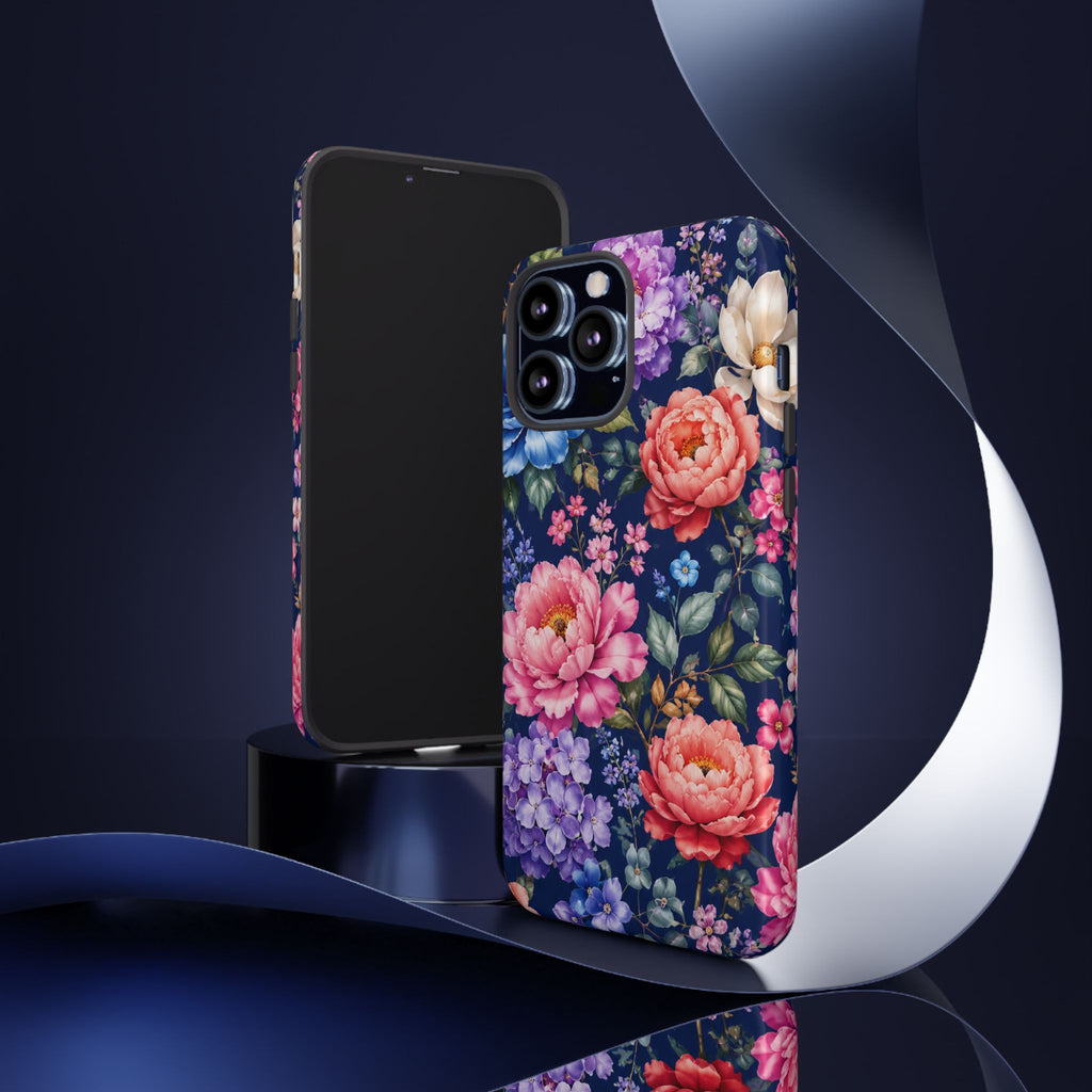 Floral Tough Phone Case – Vibrant Garden Flowers on Navy