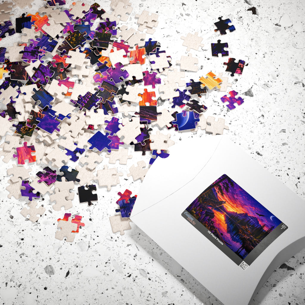Sunset Wolves Lake Puzzle — Scenic Mountain Landscape Jigsaw (110–1014 pcs)