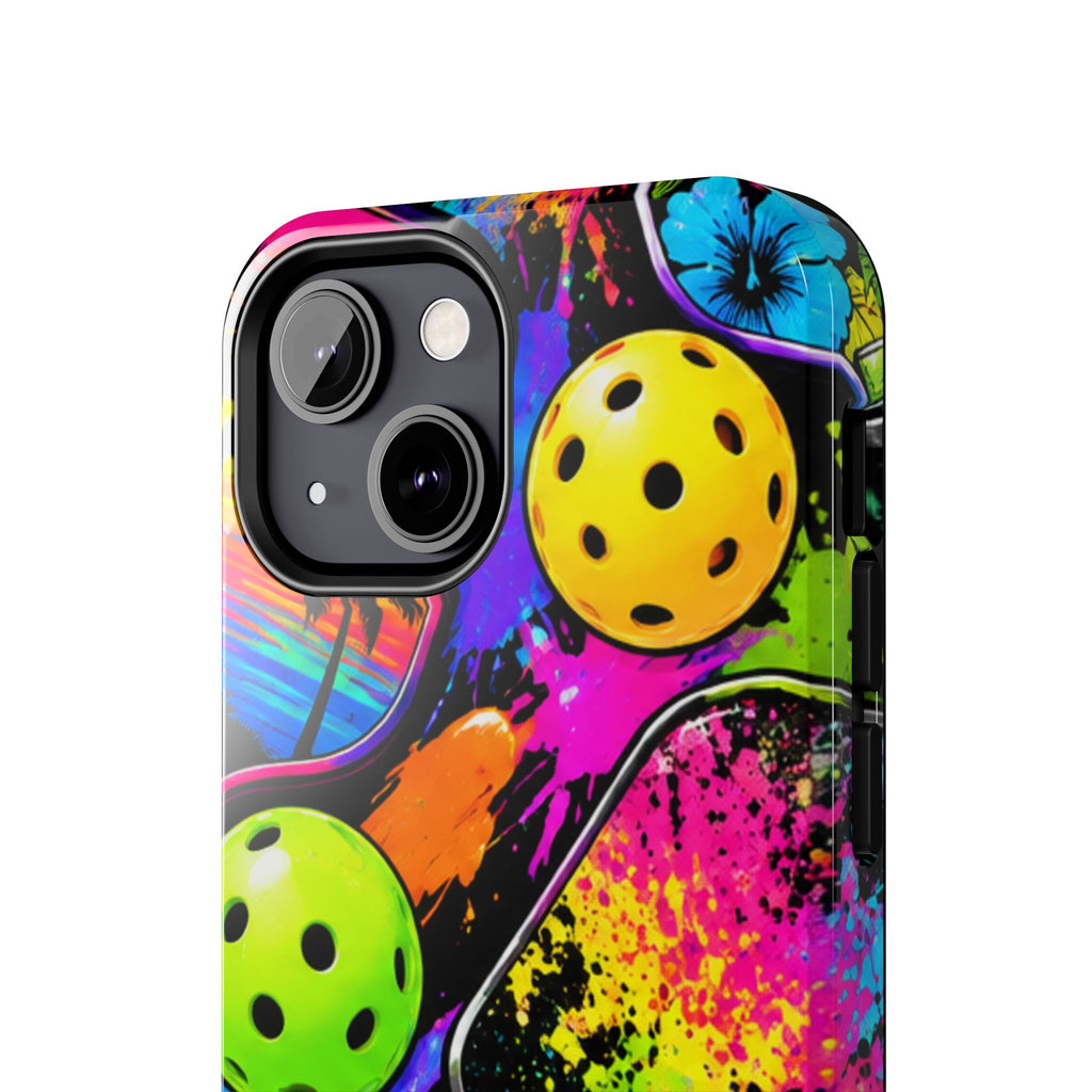Pickleball Splash Tough Phone Case — Neon Paddle & Ball Protective Cover