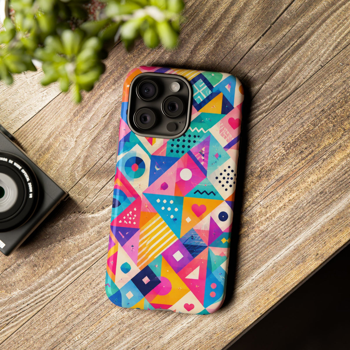 Colorful Geometric Tough Phone Case — Bright Abstract Heart & Triangle Pattern
