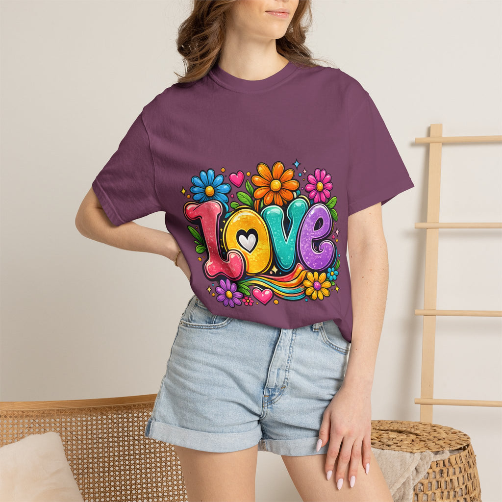 Retro Floral "Love" Design T-shirt | Colorful 70s Heart Typography