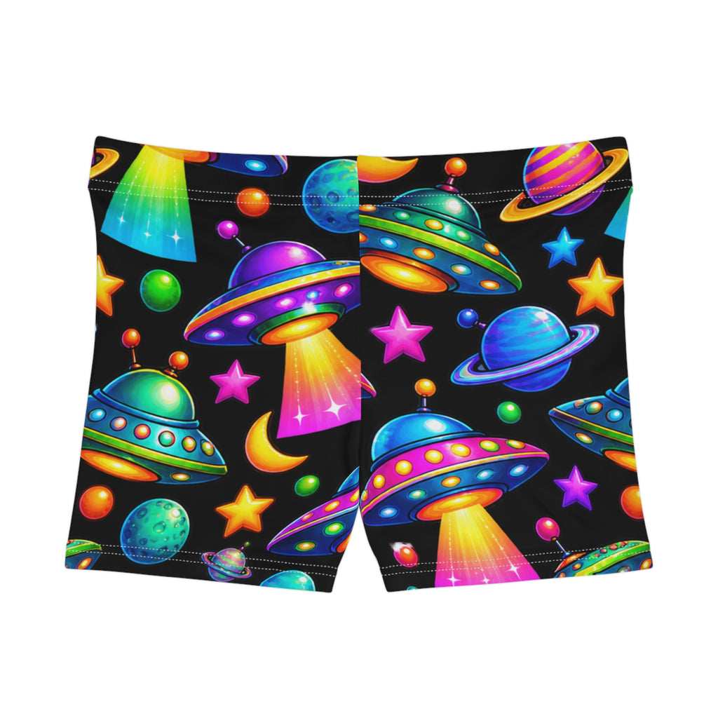 Neon UFO Galaxy Women's Shorts — Colorful Space Alien Print AOP