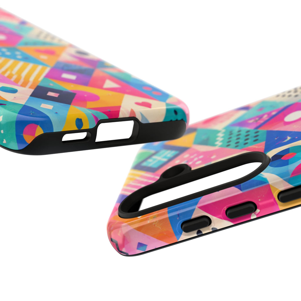 Colorful Geometric Tough Phone Case — Bright Abstract Heart & Triangle Pattern