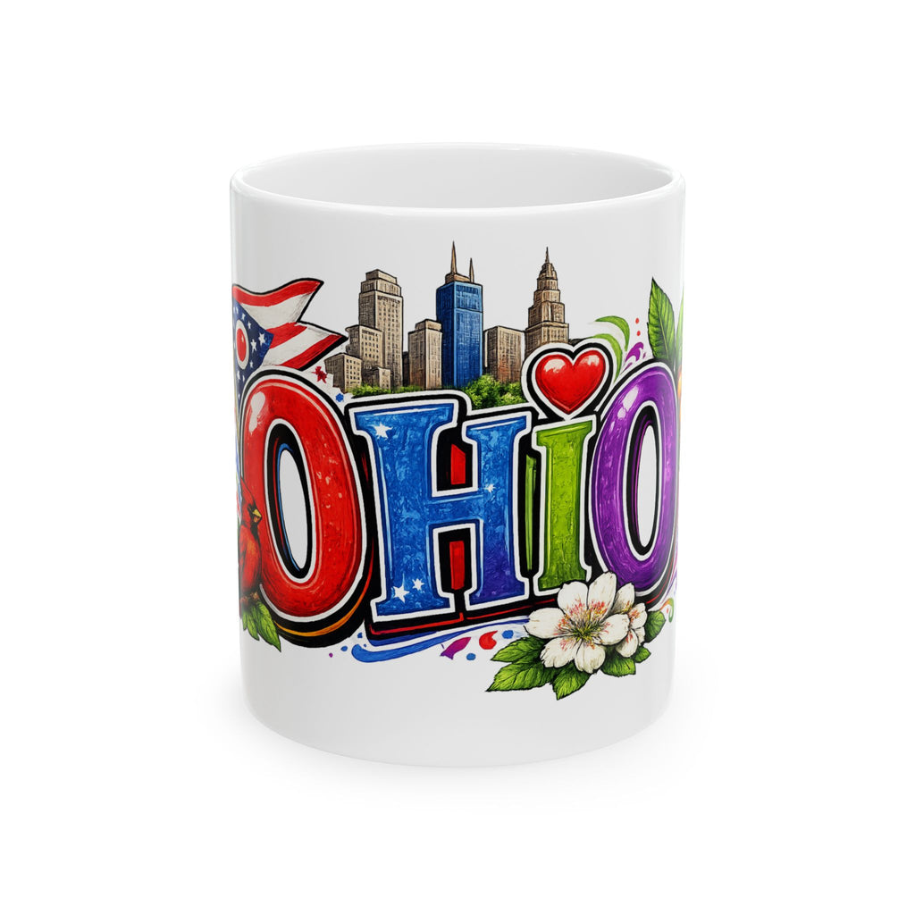 Ohio Letter Art Mug | State Skyline, Heart & Floral Ceramic Mug