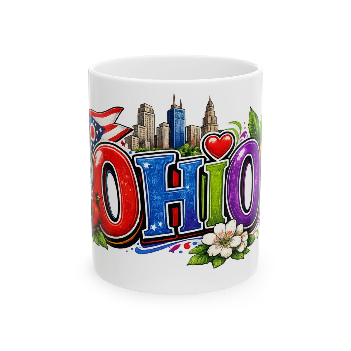Ohio Letter Art Mug | State Skyline, Heart & Floral Ceramic Mug
