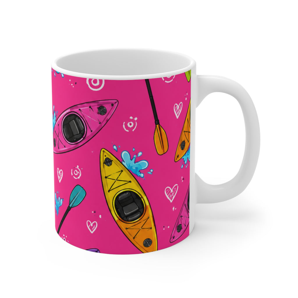 Kayak Pattern 11oz Mug — Bright Pink Boating Design