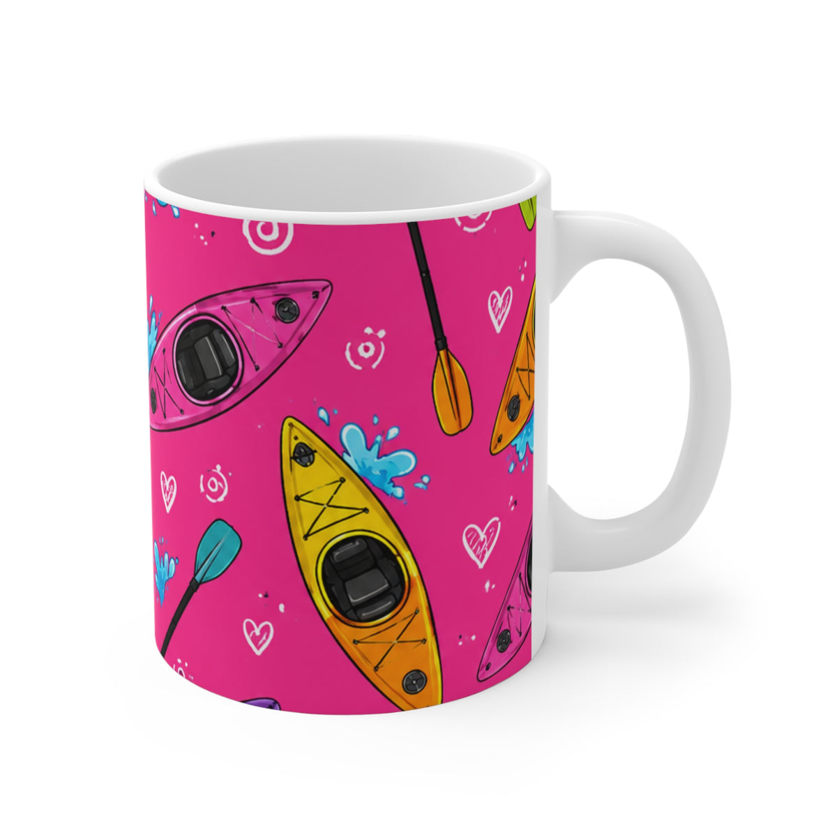 Kayak Pattern 11oz Mug — Bright Pink Boating Design