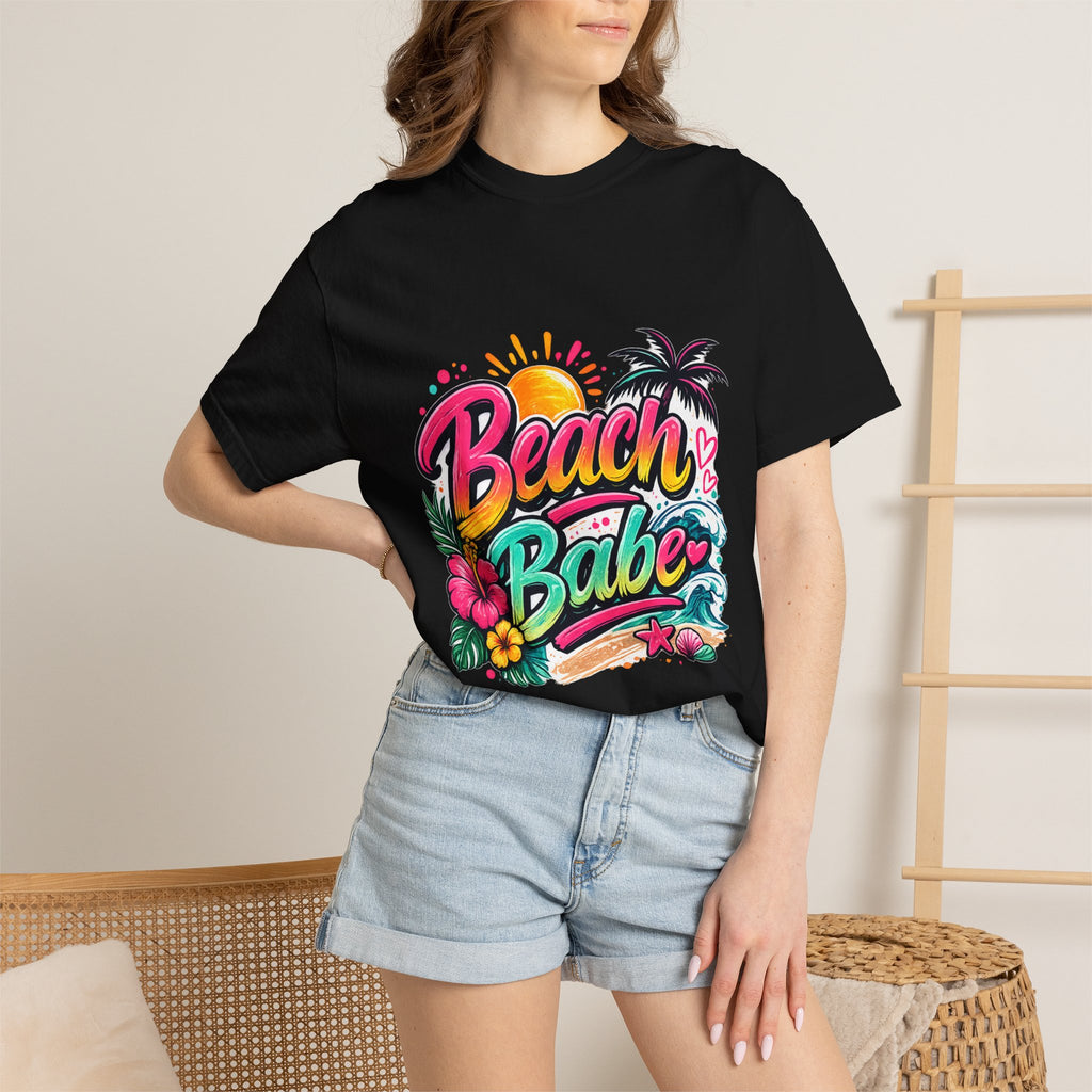 Beach Babe T-shirt | Tropical Palm Hibiscus Sunset Design