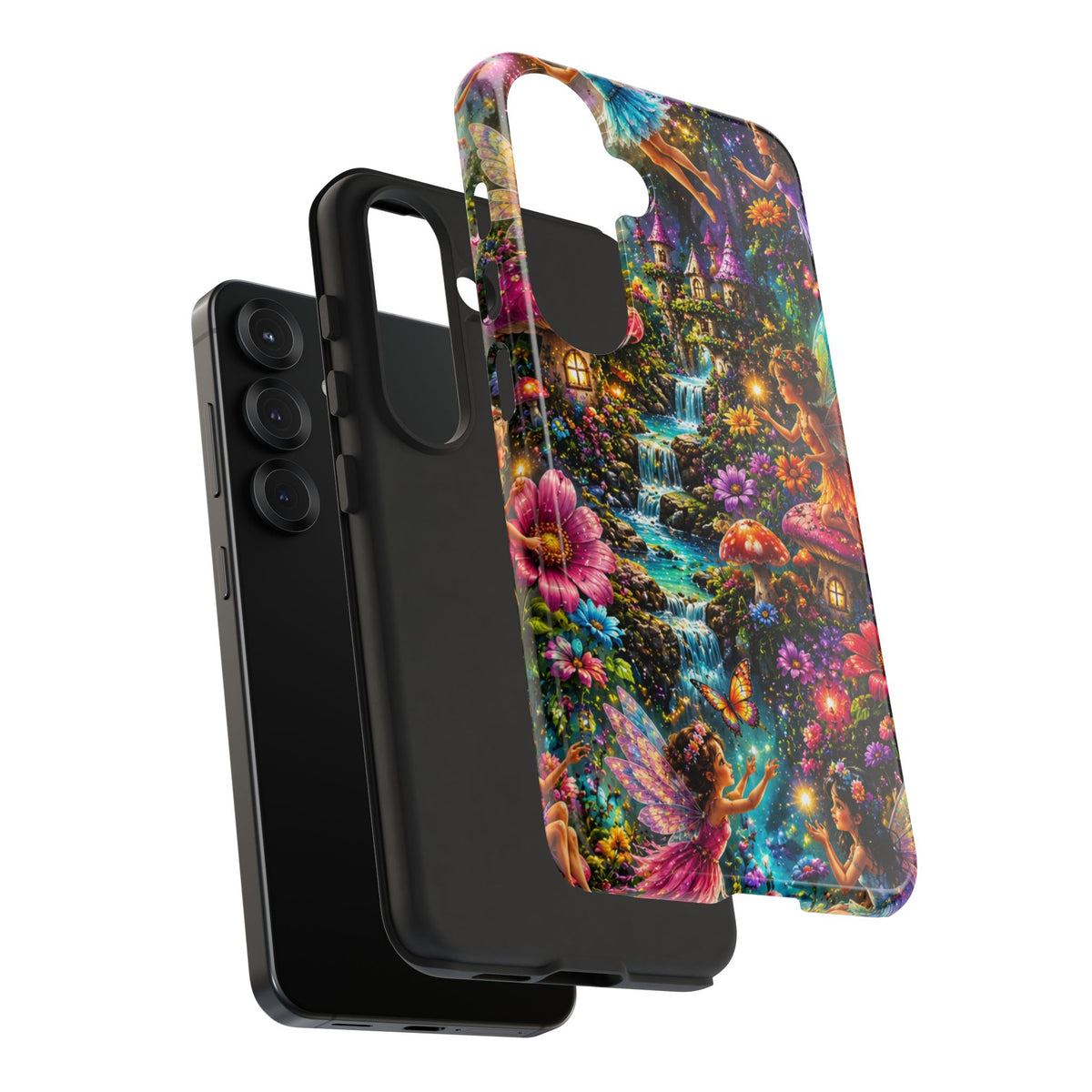 Fairy Garden Tough Phone Case — Whimsical Cottage, Waterfall & Mushroom Artwork