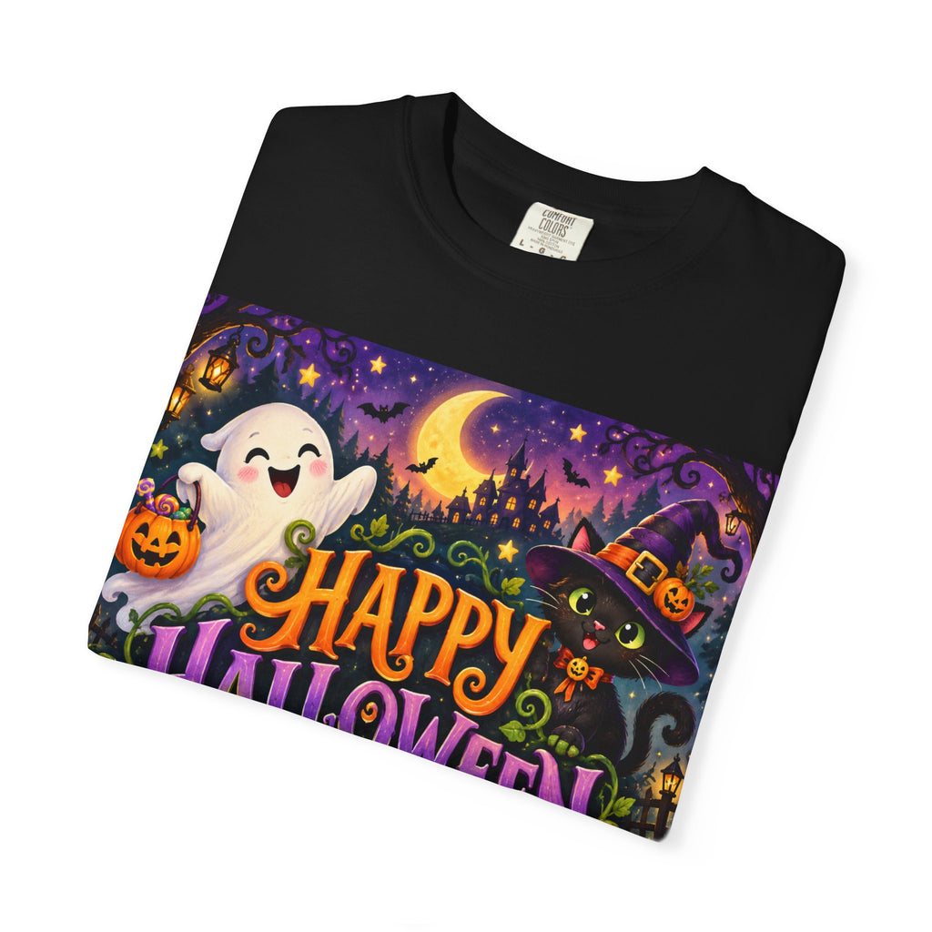 Happy Halloween Graphic T-Shirt — Cute Ghost & Jack-o'-Lantern Tee