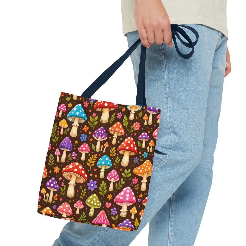 Mushroom Pattern Tote Bag — Colorful Woodland Mushroom All-Over Print Tote