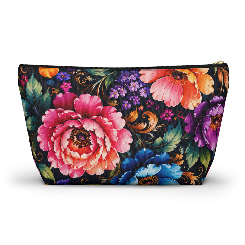 Floral Accessory Pouch — Vibrant Garden Makeup Bag with T-Bottom