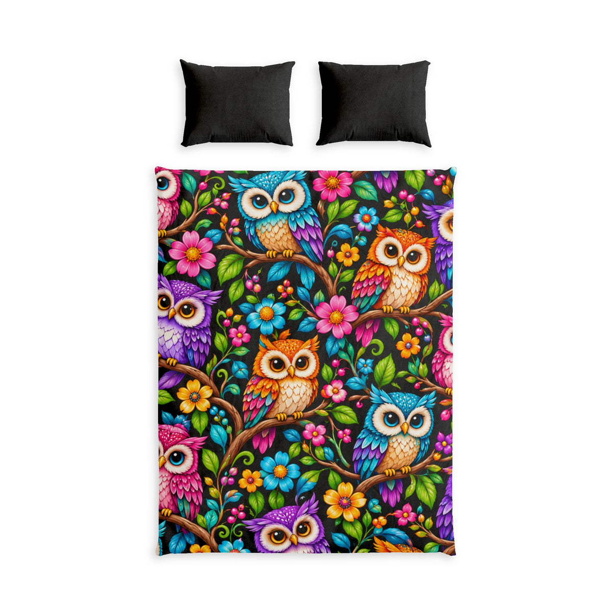 Owl Garden Cotton Duvet Cover Set – Colorful Floral Owl Bedding