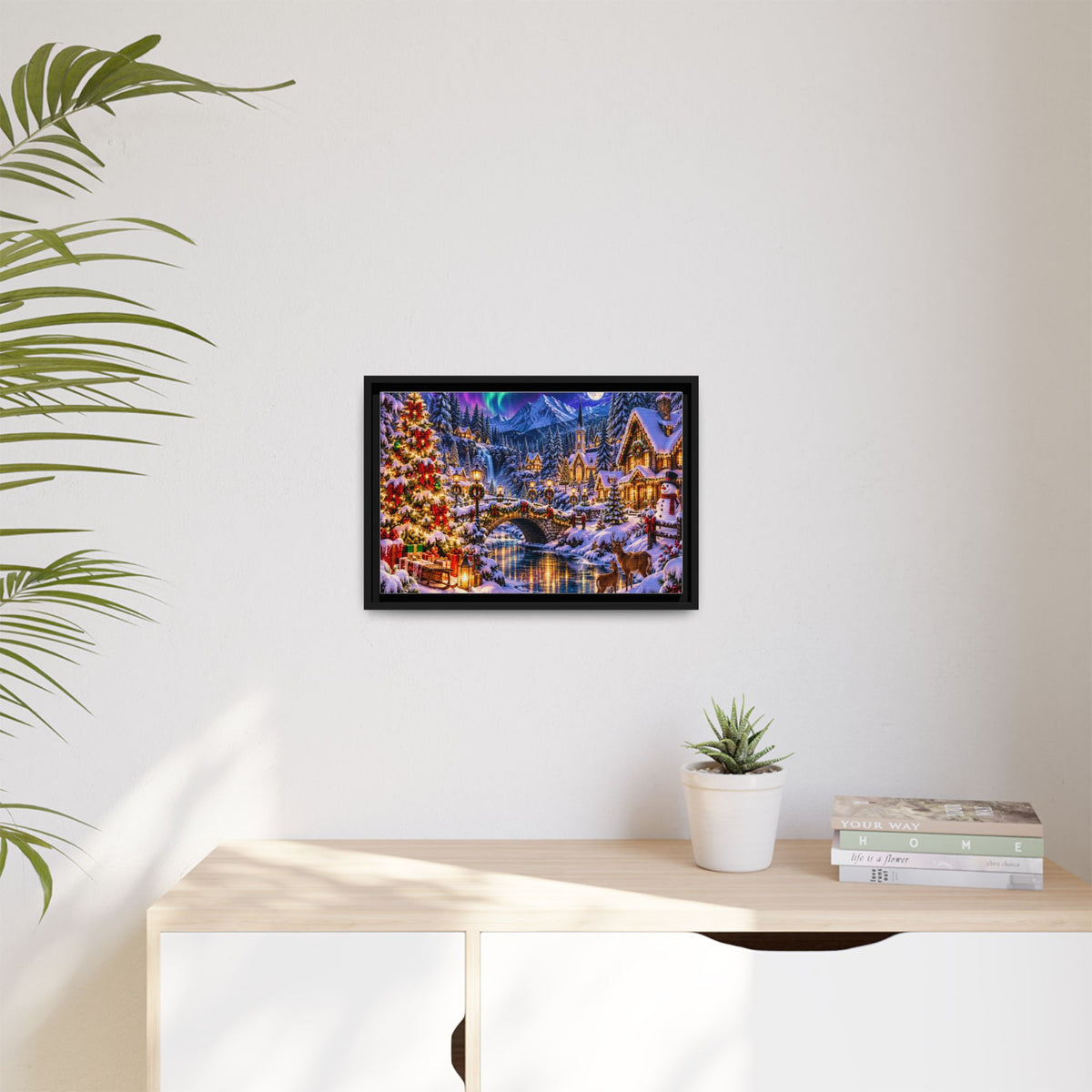 Framed Matte Canvas - Cozy Christmas Village Winter Night Wall Art