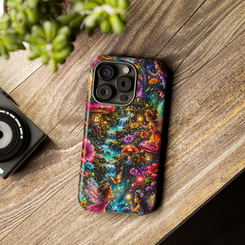 Fairy Garden Tough Phone Case — Whimsical Cottage, Waterfall & Mushroom Artwork