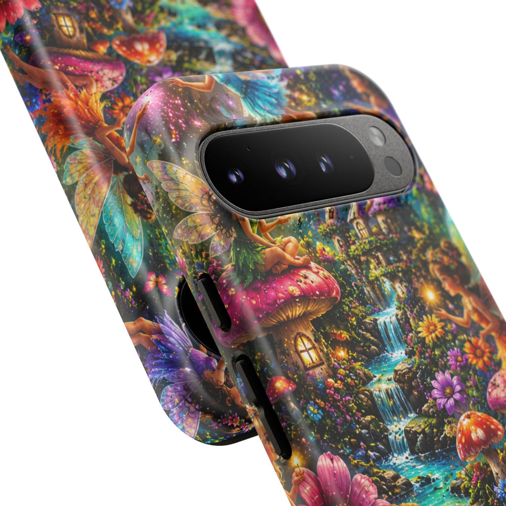 Fairy Garden Tough Phone Case — Whimsical Cottage, Waterfall & Mushroom Artwork