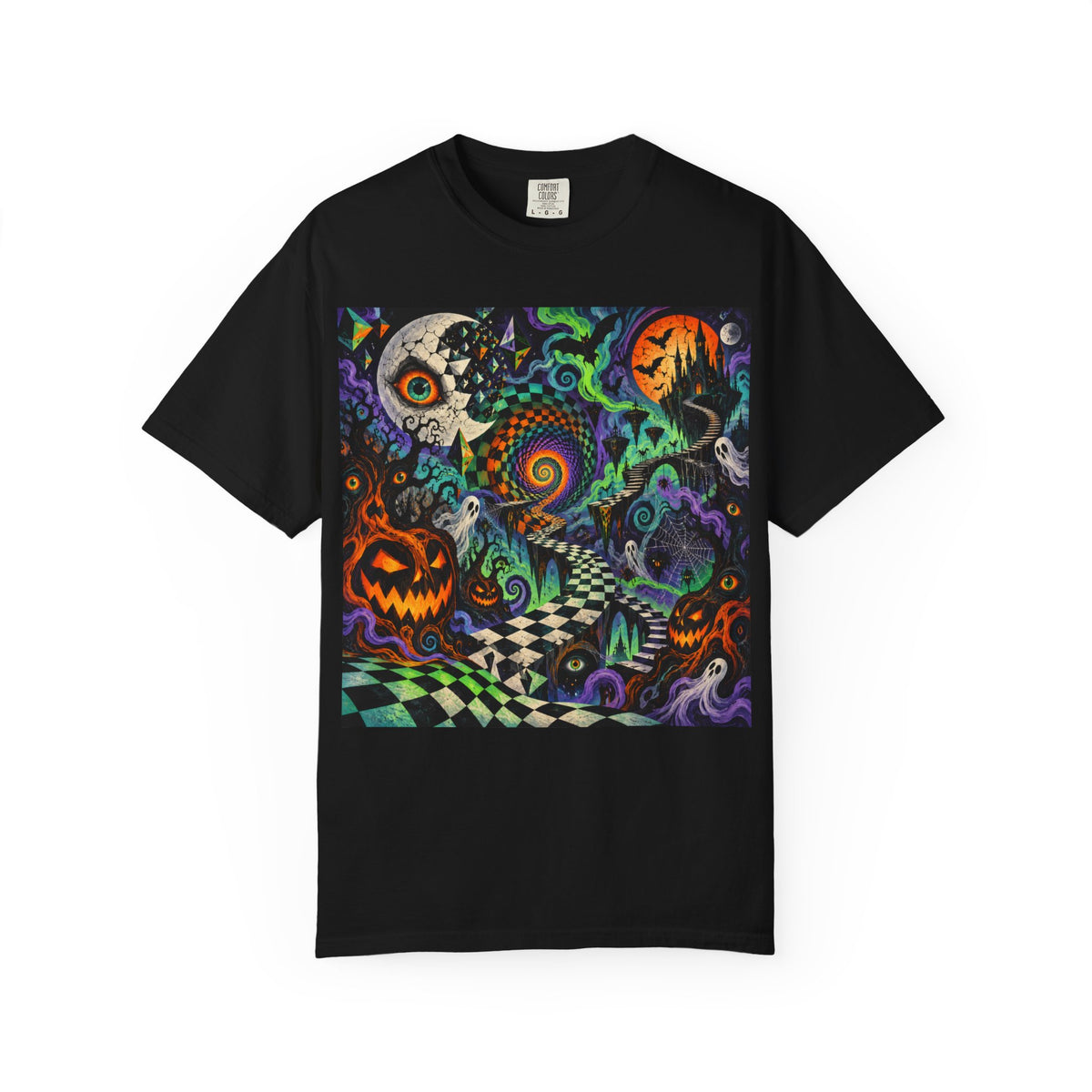 Psychedelic Halloween T-Shirt – Spooky Pumpkin & Skull Nightscape