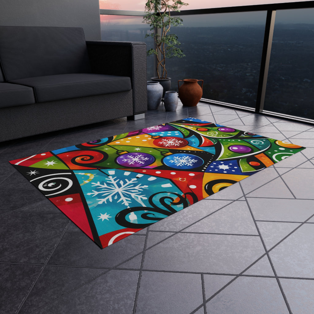 Festive Christmas Outdoor Rug — Colorful Holiday Tree & Ornaments Doormat