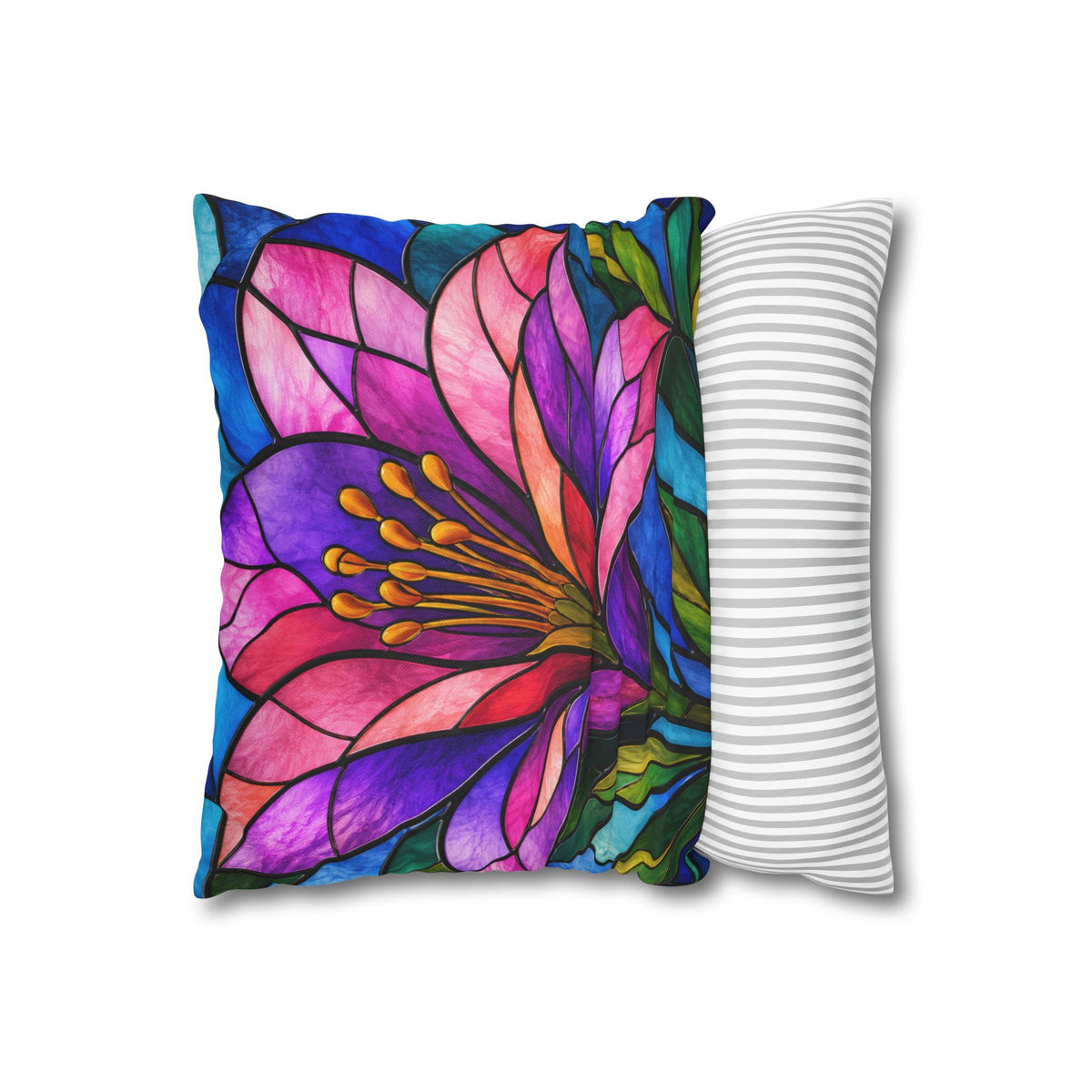 Stained Glass Floral Pillowcase — Vibrant Pink & Purple Blossom Square Cushion Cover