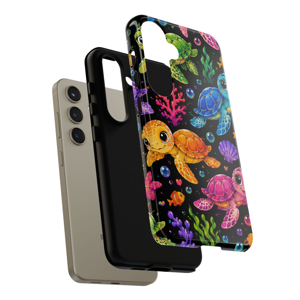 Phone Case — Colorful Cute Sea Turtles on Black (Protective Smartphone Cover)