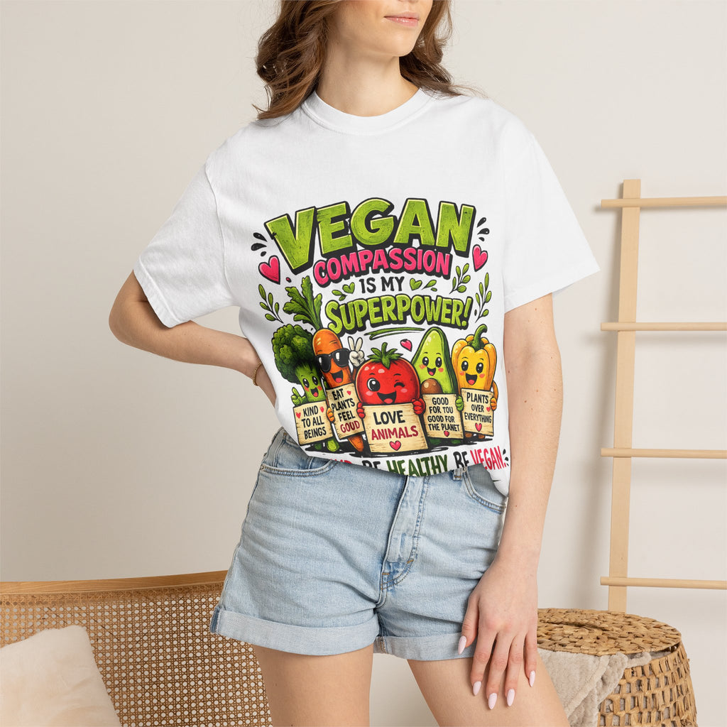 Vegan Compassion Is My Superpower T-shirt | Cute Veggie Characters