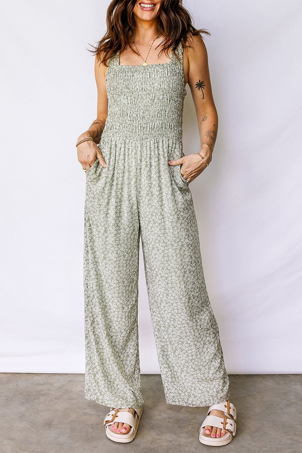 Floral Smocked Square Neck Sleeveless Jumpsuit