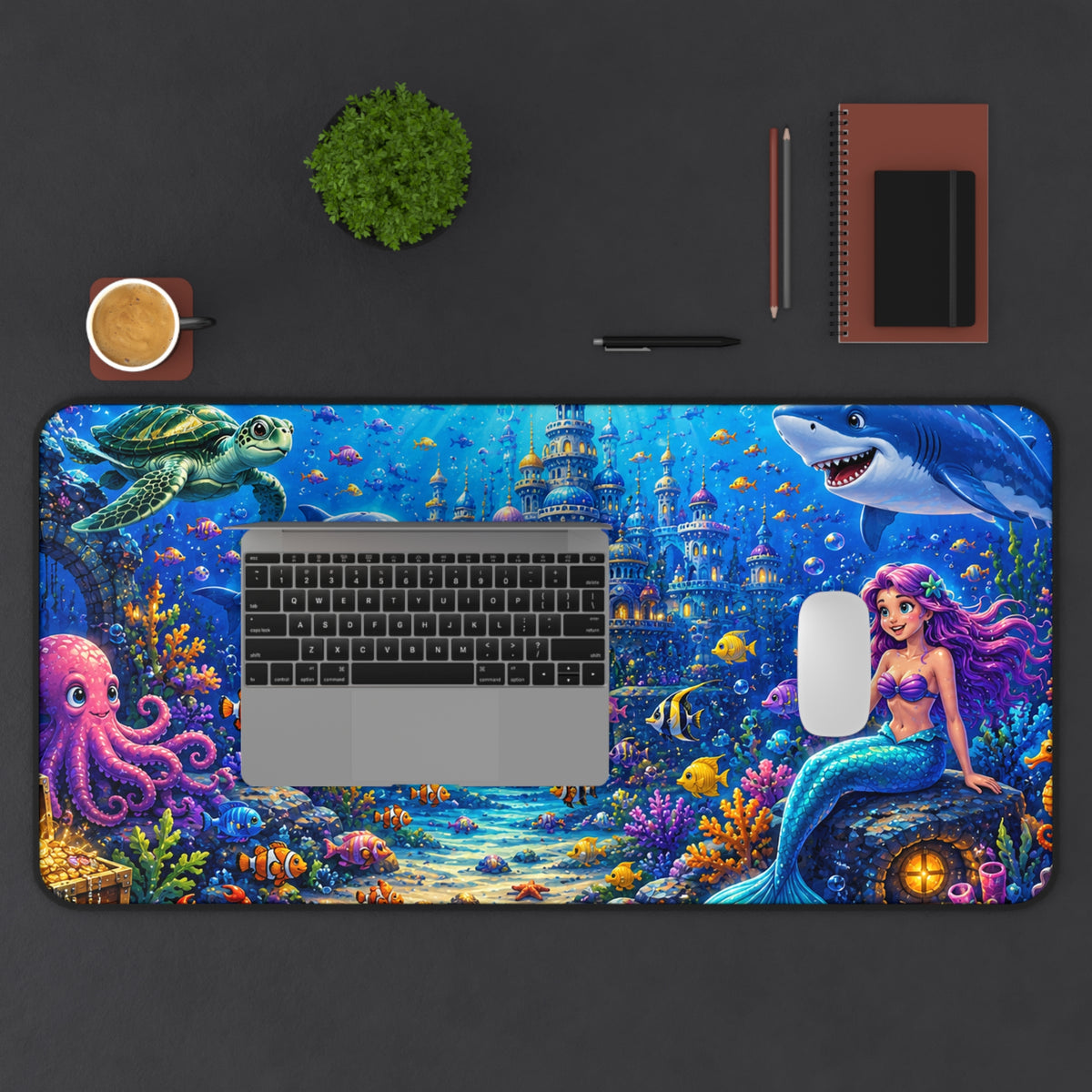 Mermaid Underwater Scene Desk Mat | Ocean Castle Mousepad