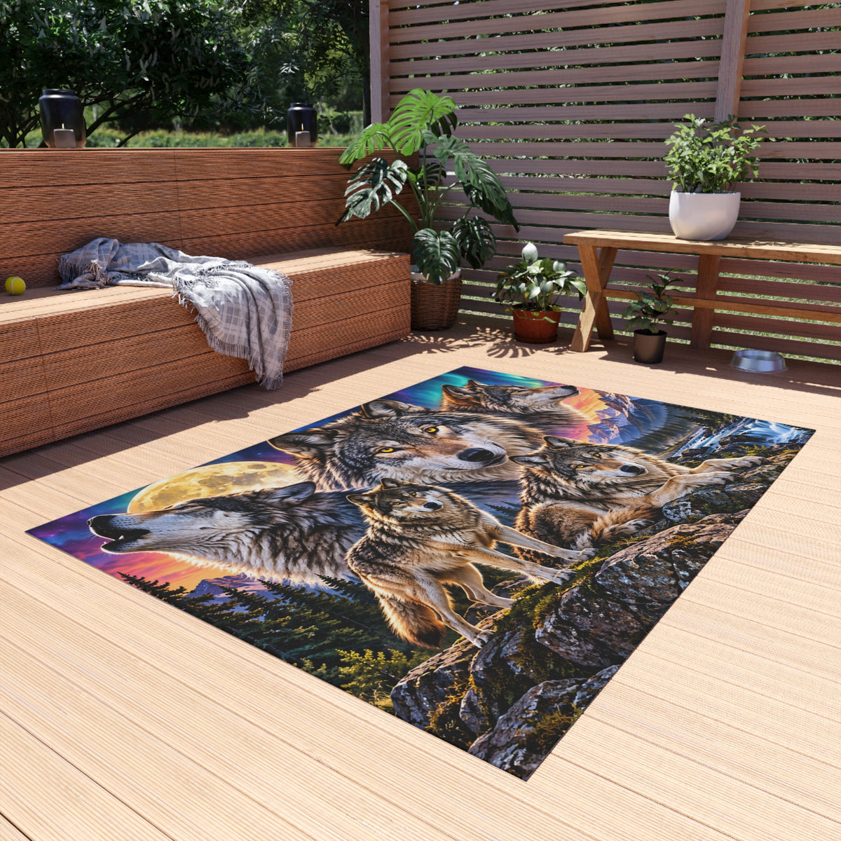 Wolf Pack Outdoor Rug — Scenic Mountain & Northern Lights Design