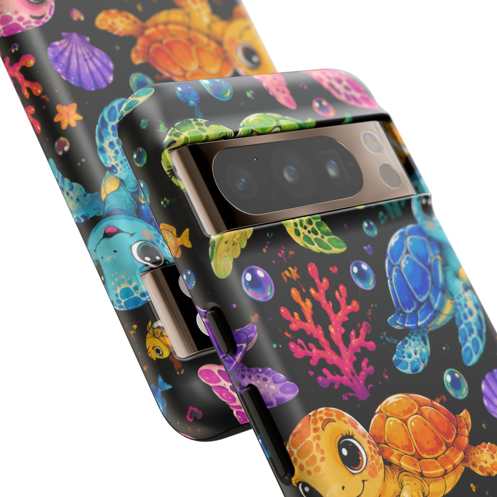 Phone Case — Colorful Cute Sea Turtles on Black (Protective Smartphone Cover)