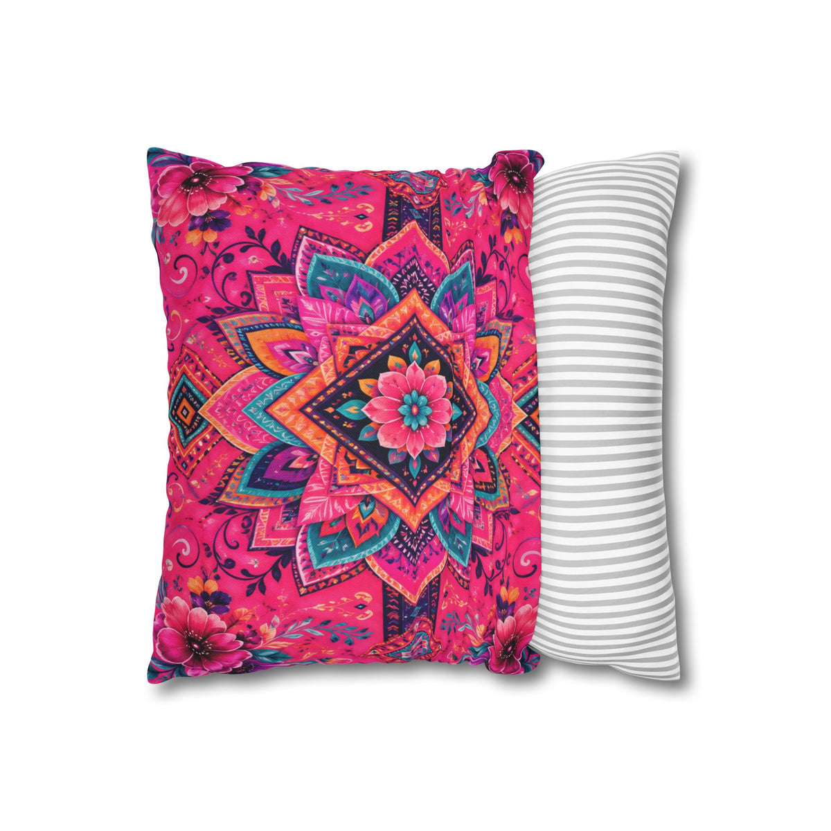 Boho Pink Mandala Pillowcase — Vibrant Floral Decorative Throw Pillow Cover