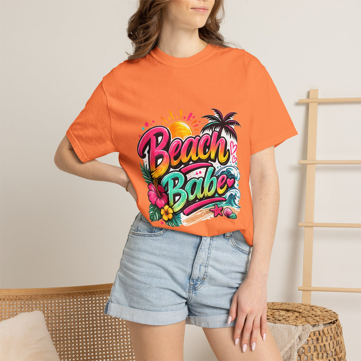 Beach Babe T-shirt | Tropical Palm Hibiscus Sunset Design