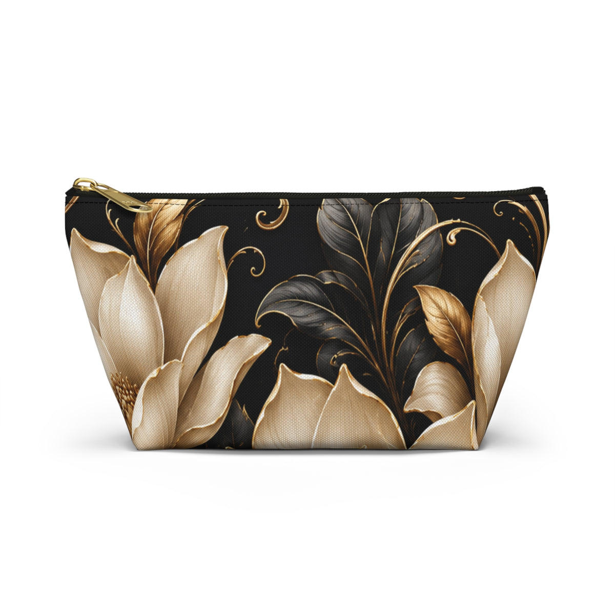 Floral Tapestry Accessory Pouch — Gold & Black Magnolia Makeup Bag