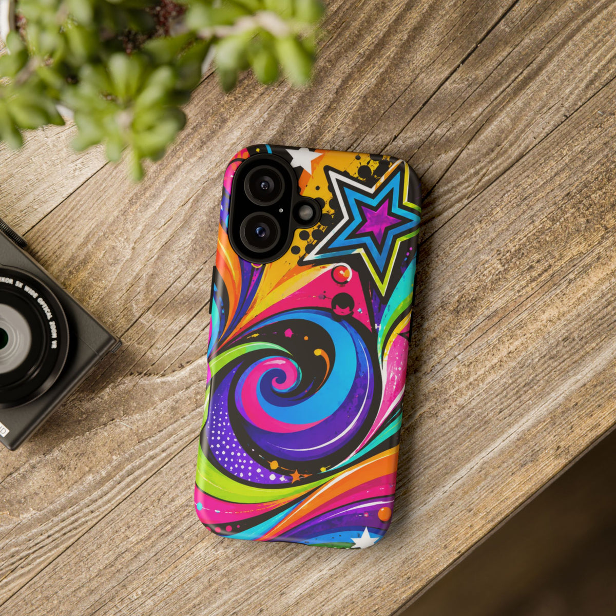 Psychedelic Swirl Phone Case — Bold Retro Stars & Neon Pop Art Tough Case