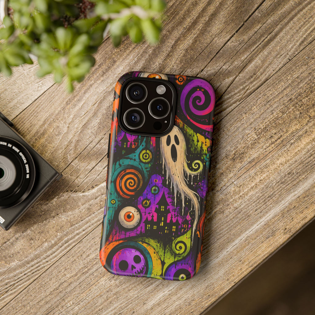 Halloween Ghost Phone Case — Colorful Spooky Skull & Haunted House Tough Case