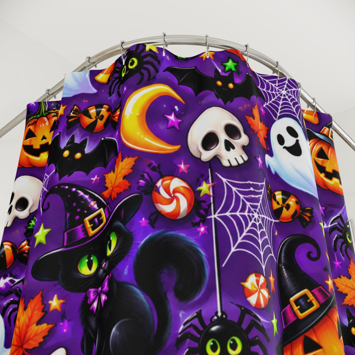 Halloween Cartoon Shower Curtain — Purple Ghosts, Pumpkins & Skulls Bathroom Decor