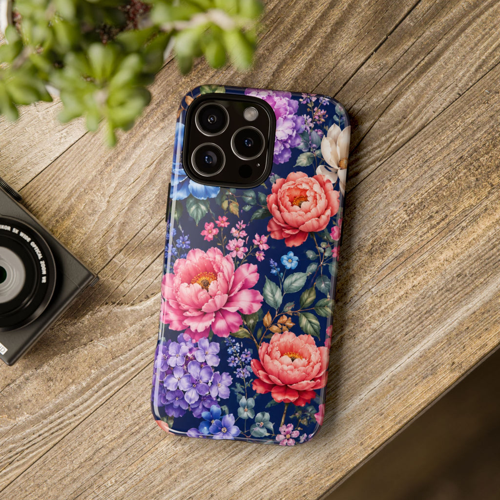 Floral Tough Phone Case – Vibrant Garden Flowers on Navy