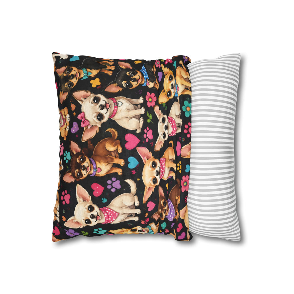 Chihuahua Pattern Pillowcase | Square Throw Pillowcase with Cute Dogs and Paw Prints