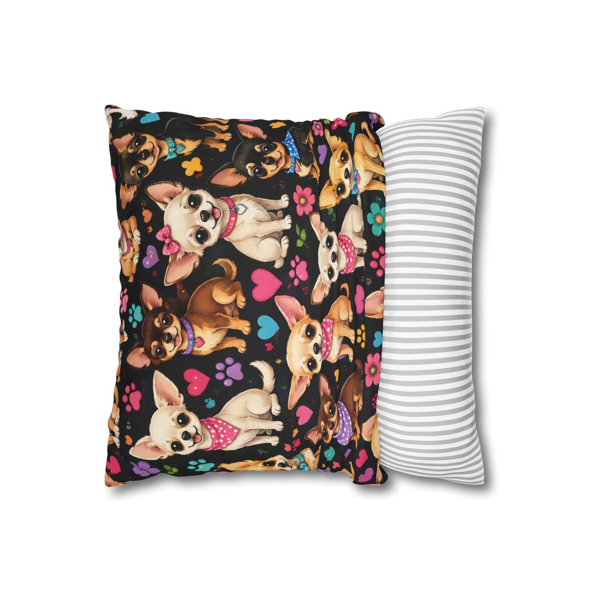 Chihuahua Pattern Pillowcase | Square Throw Pillowcase with Cute Dogs and Paw Prints