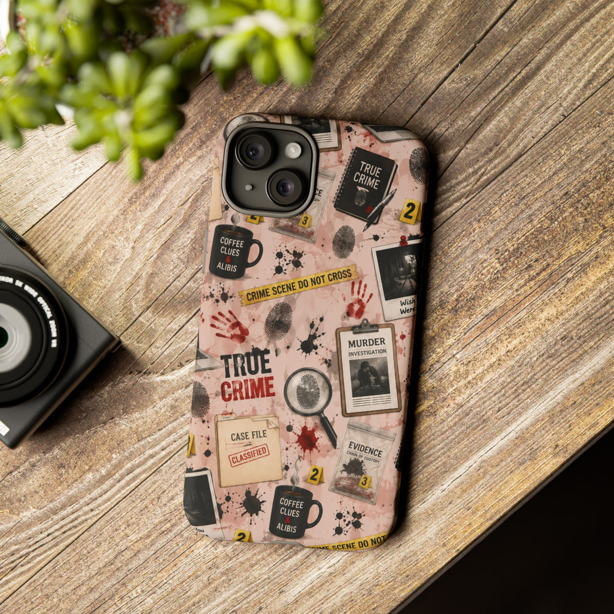 True Crime Pattern Phone Case – Detective Evidence, Crime Scene Tape & 'True Crime' Design