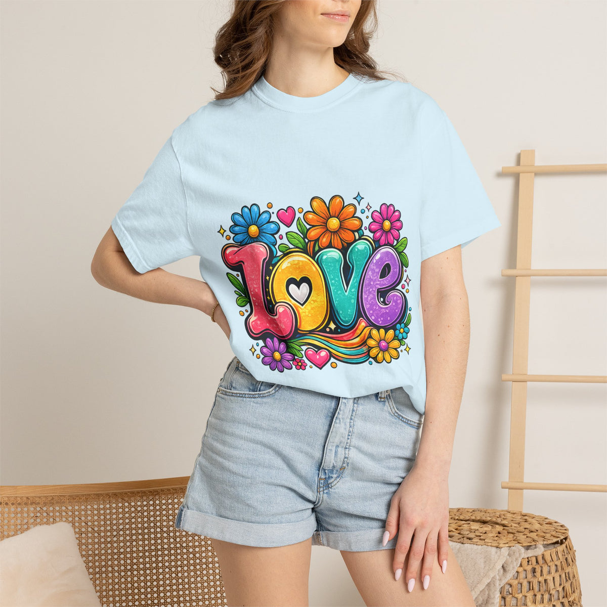 Retro Floral "Love" Design T-shirt | Colorful 70s Heart Typography