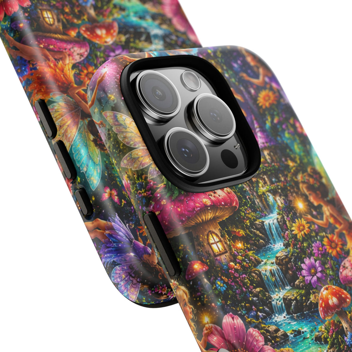 Fairy Garden Tough Phone Case — Whimsical Cottage, Waterfall & Mushroom Artwork