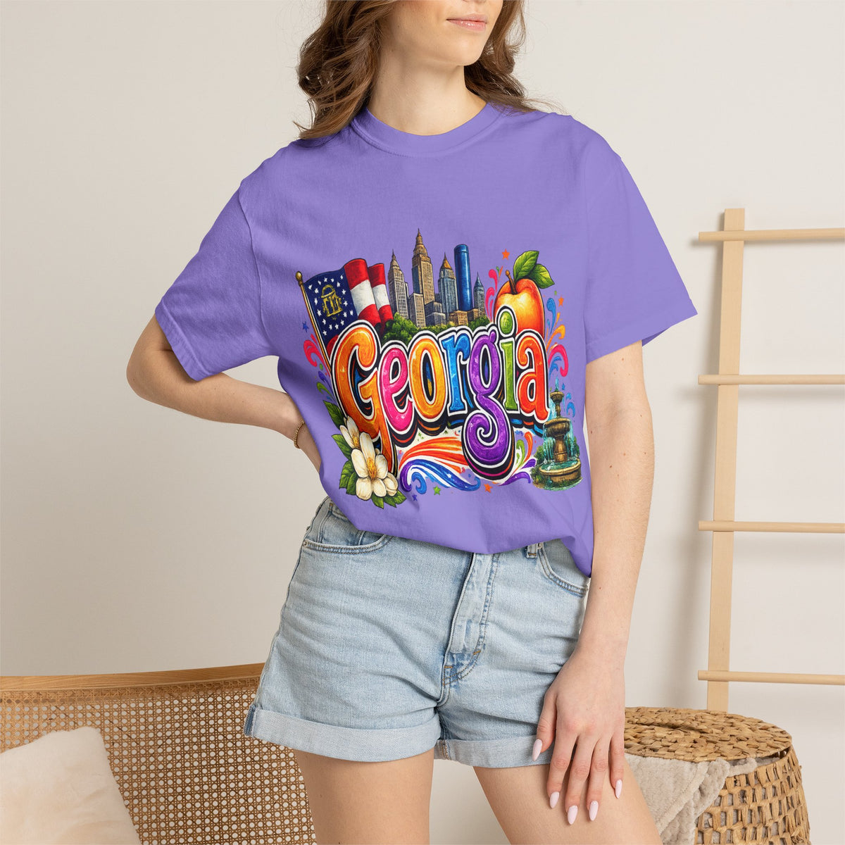 Georgia state illustration T-shirt | Atlanta skyline, peach, magnolia