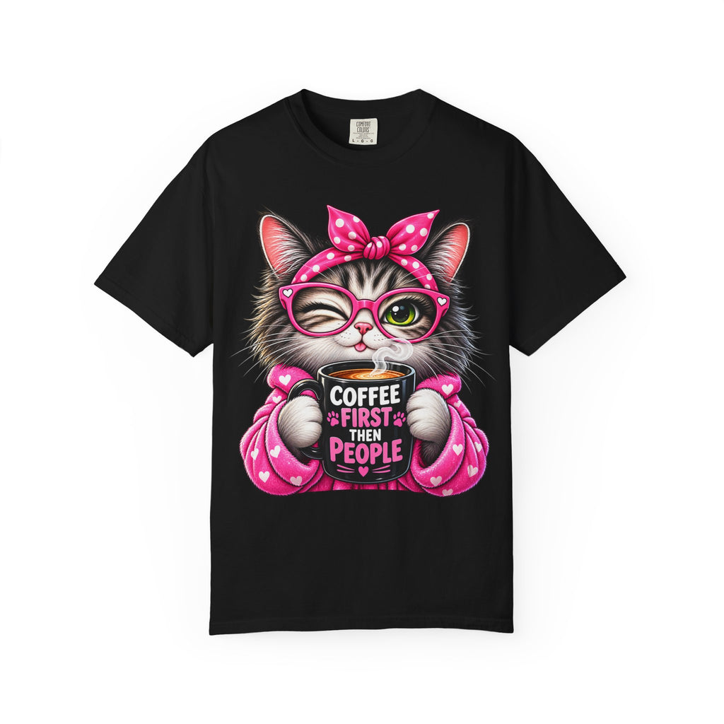 Cat Coffee Tee — "Coffee First Then People" Cute Cat Graphic T-Shirt