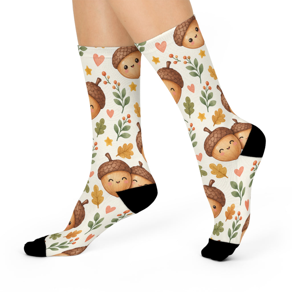 Cute Acorn Faces Cushioned Crew Socks | Autumn Leaves Pattern
