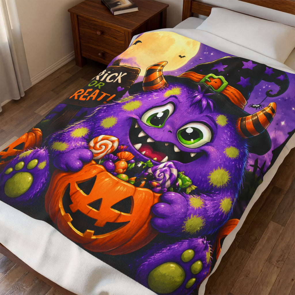 Halloween Monster Velveteen Plush Blanket – Cute Purple Trick or Treat Design